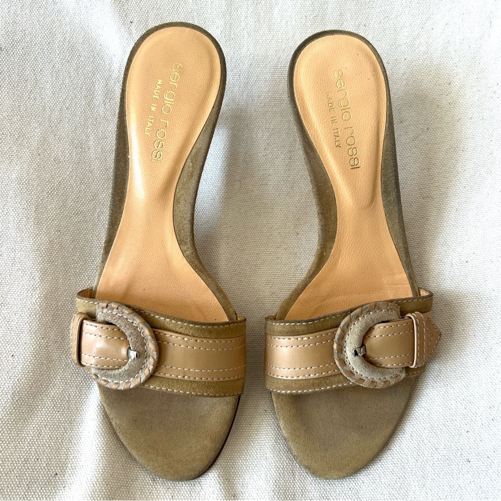 Sergio Rossi Women's Tan Suede Slide Sandals with Buckle Eu34 Us 4